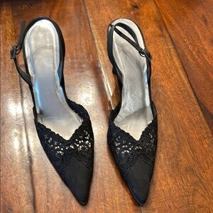 Stuart Weitzman Black Slingback Heels with Crystal Embellishments